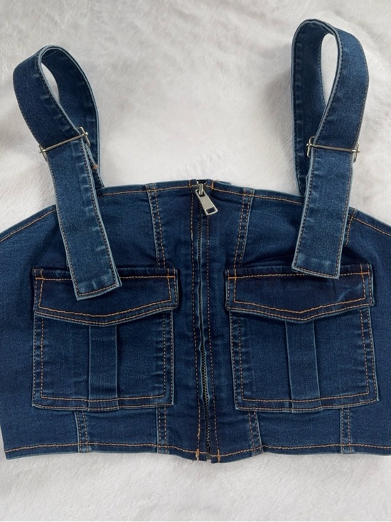 love trends Tops - Denim Zip-Front Crop Vest Top Stretchy with Pockets and Adjustable Straps Small